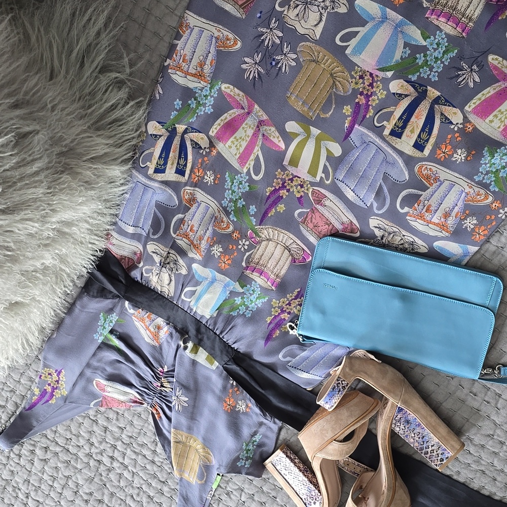 Anthropologie Dress By FLOREAT Teacup Print Purple Silk "Sugar & Cream Dress" - Picture 3 of 16